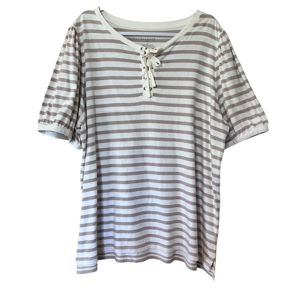 Talbots Striped Top Tunic Tan/Cream Stripe SZ 3X Corset Tie Boho Chic Nautical